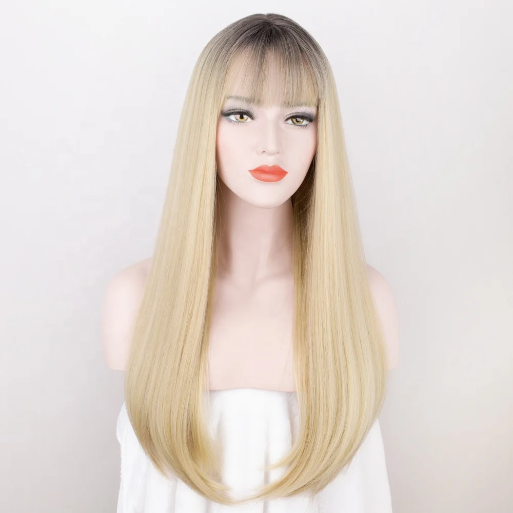 

Aliblisswig Fashion Heat Resistant Fiber Hair Ombre Blonde Long Straight Machine Made None Lace Synthetic Wig with Bangs