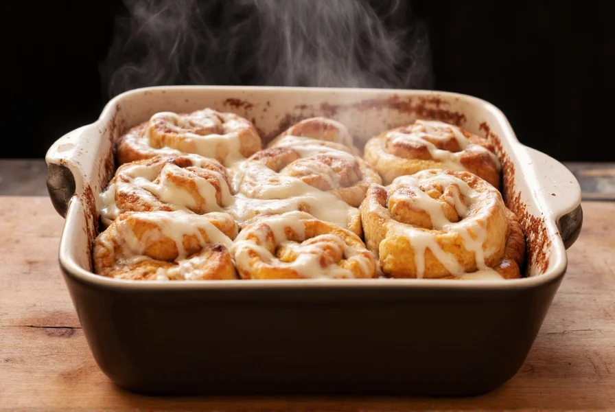 Perfectly golden cinnamon roll casserole with heavy cream drizzled with icing, served in a ceramic dish with steam rising