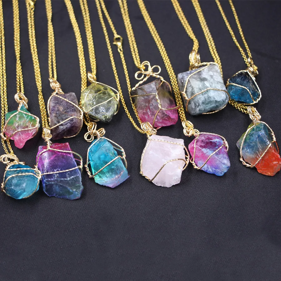 

Hot selling Natural Crystal Amethyst Powder Crystal Pendant Multi colors Irregular Natural Stone Necklace, Gold