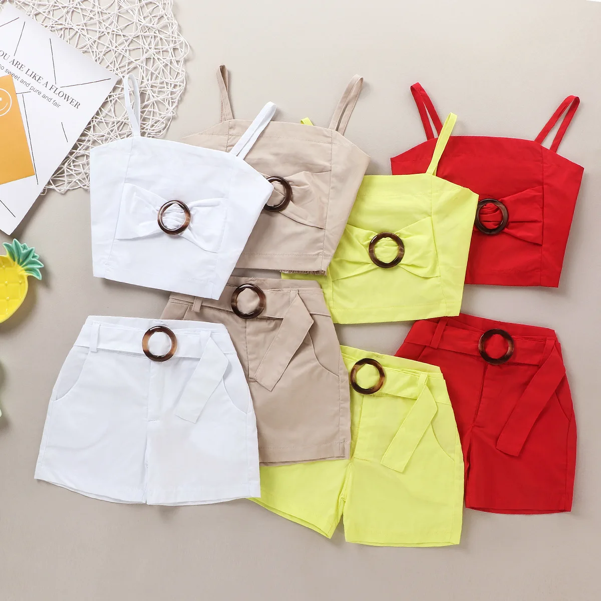 

2021 Children Girl 2 pcs Garment Kit Solid Sleeveless Crop Top + Matching Shorts 2 pcs Yellow White Red Khaki 2-6T, White yellow red khaki