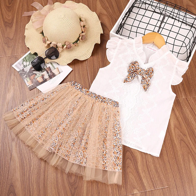 

Hot Selling 6 Year Old Floral Tulle Baby Youth Girls Clothing Sets Organic Cotton Shirt + Skirt 2pcs Outfits