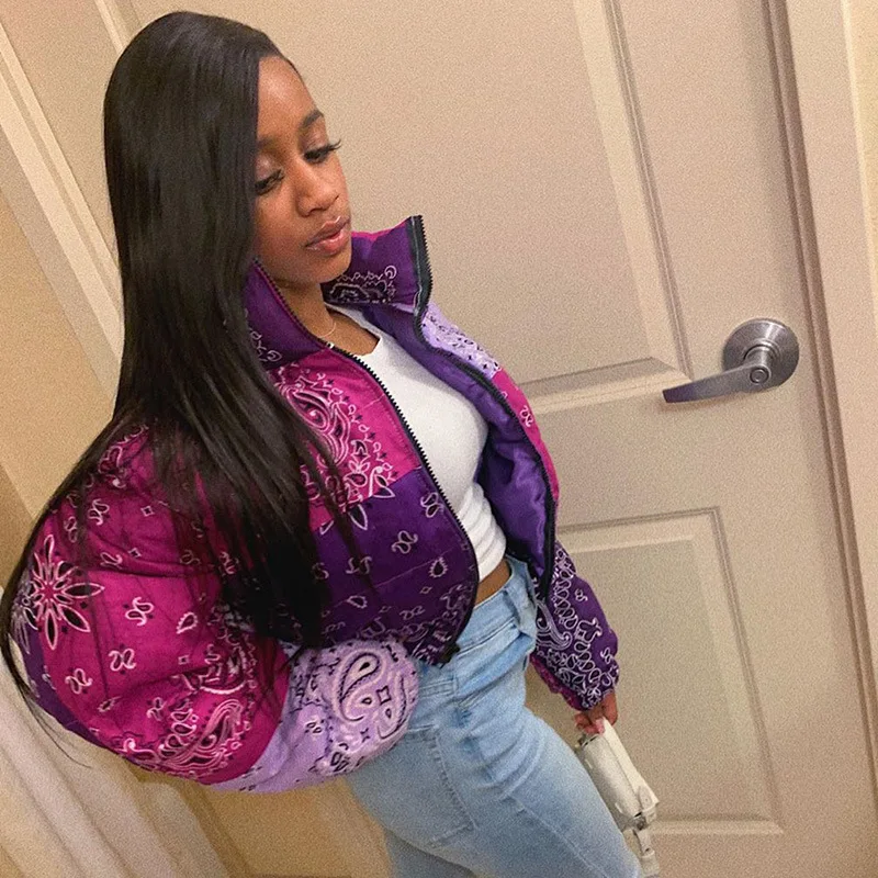 

Women Bubble Coats Casual Printed Cropped Outerwear Bubble Heavy Winter Clothes Zip Puffer Jacket