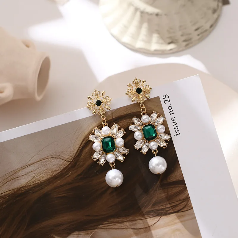 

JUHU Retro baroque emerald crystal pearl earrings flash diamond cross drop earrings S925 silver needle alloy jewelry for women, Gold
