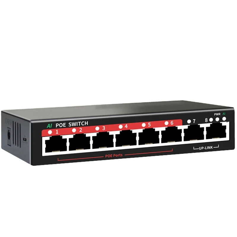 

HOT SALE AI 8 Port PoE Switch ,802.3af/at PoE+ 100Mbps, 90W power adapter, Extend to 250Meter (6POE Ports +2 Uplink),