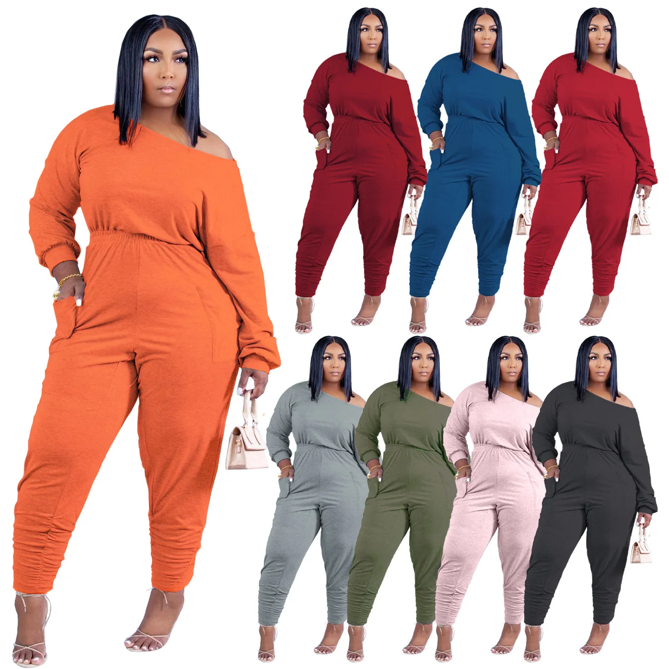 

fall 2021 women clothes Large size women's fashion casual suit pure cotton oblique shoulder autumn and winter new two-piece set, As picture