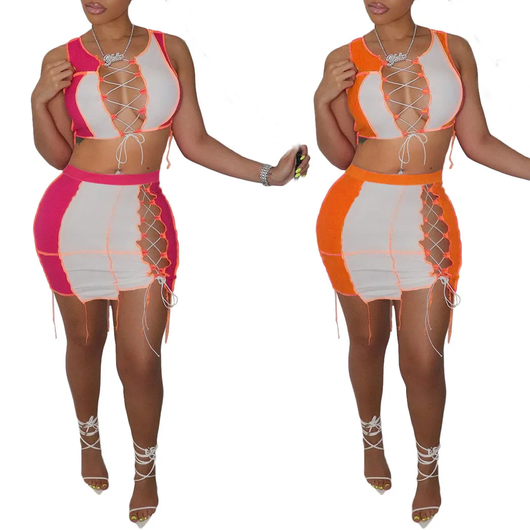 

FS2578D summer contrast color dress bandage crop Tops and Skirts Set Women Two Piece Hollow out Skirt sets