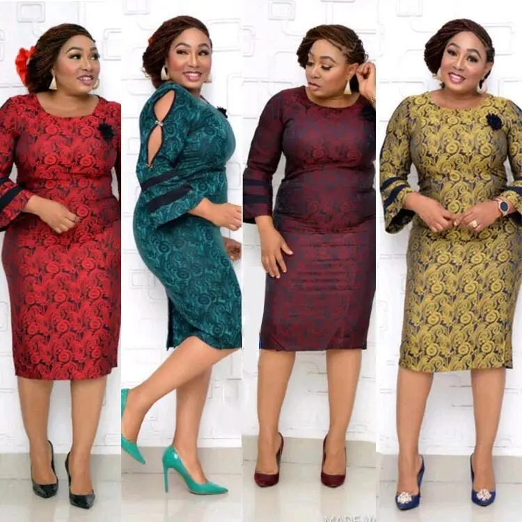 

African&American women Plus size slit on o neck highwaist pencil dress patchwork OL pattern printed style, Red golden green purplish red or customized