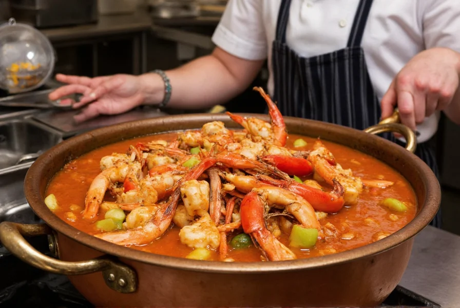 Professional chef preparing seafood chili in copper pot with fresh shrimp, crab, and vegetables