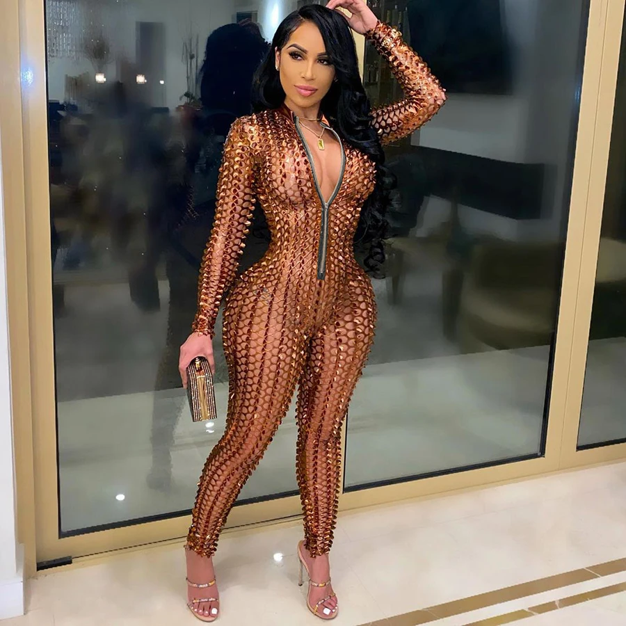 

K20Q10871 Sexy Hollow Out O-Neck Solid Bodycon Hole Long Sleeve Jumpsuit Women Jumpsuits Bodysuits