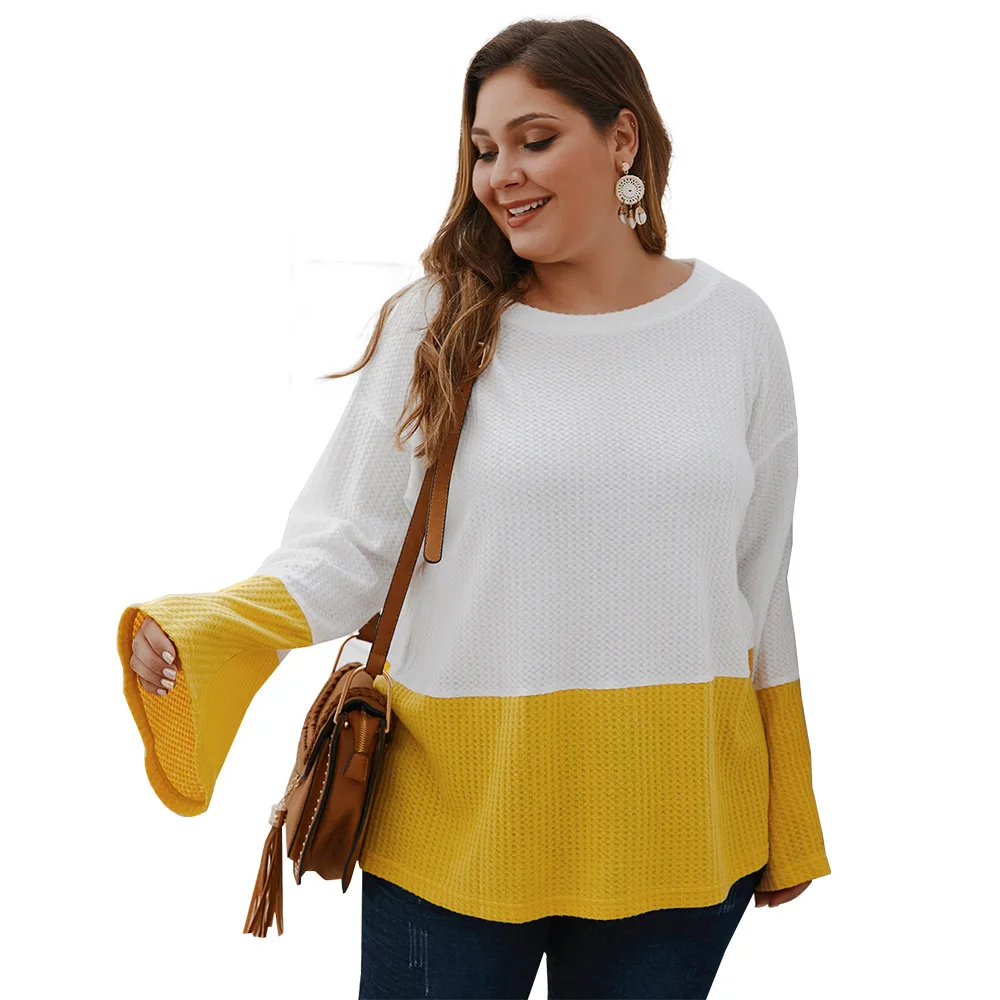 

2020 New fashion plus size Women long Sleeve Knitted contrast V-neck Women ladies Blouses Tops