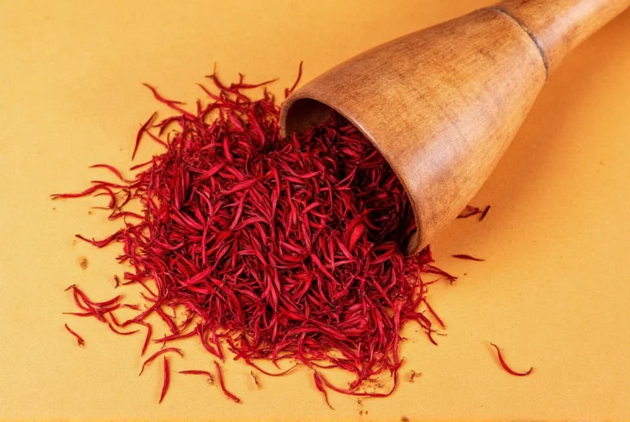 Close-up of saffron threads against golden background showing the vibrant red stigmas of Crocus sativus