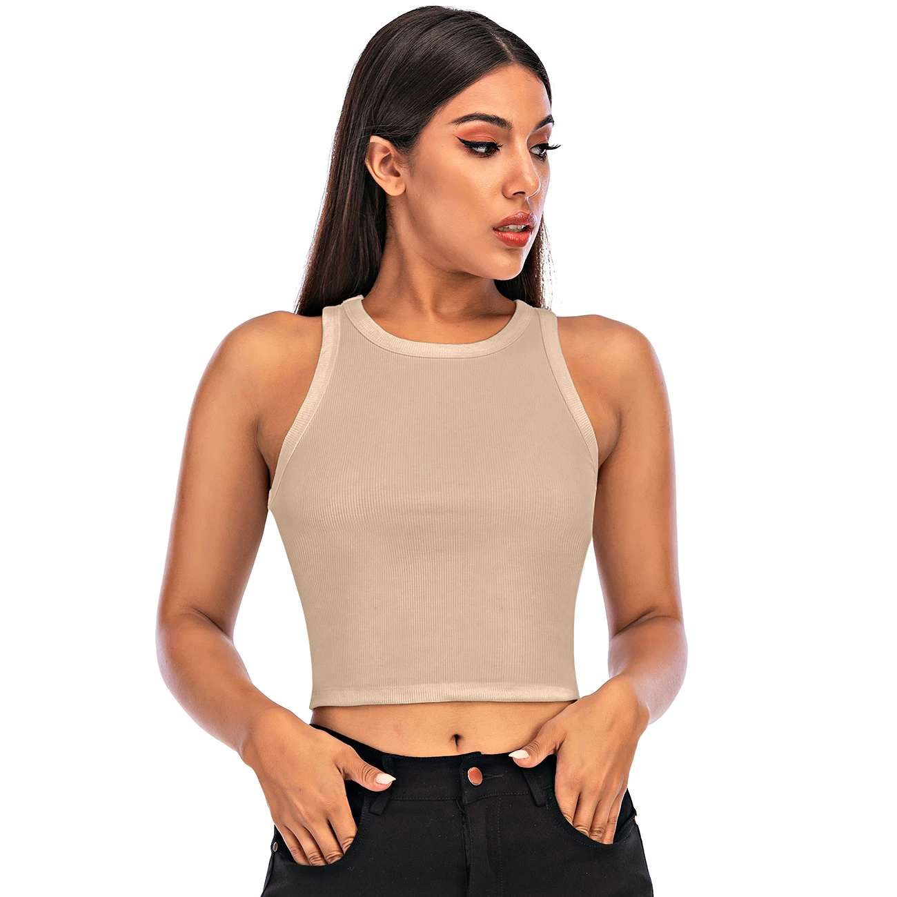 

Women's Round Neck Basic Racerback Camisole Rib-Knit Solid Sleeveless Crop Tank Tops