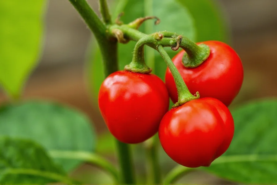 Close-up view of ripe red cherry peppers on plant showing their round shape and glossy skin