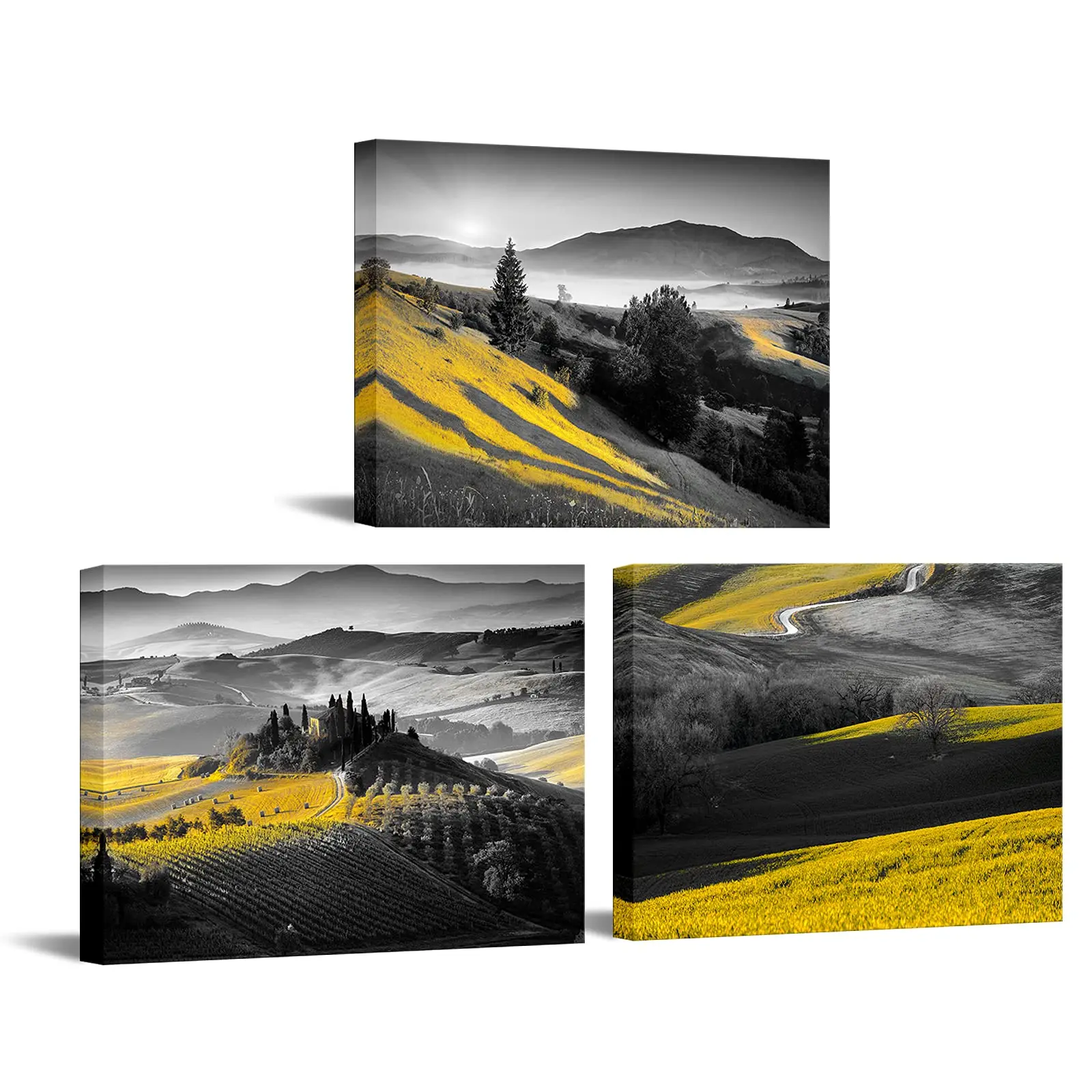 

3 Piece Black and Yellow Rural Classic Landscape Painting Field Poster Picture Print on Canvas BedRoom Home Farmhouse Wall Decor