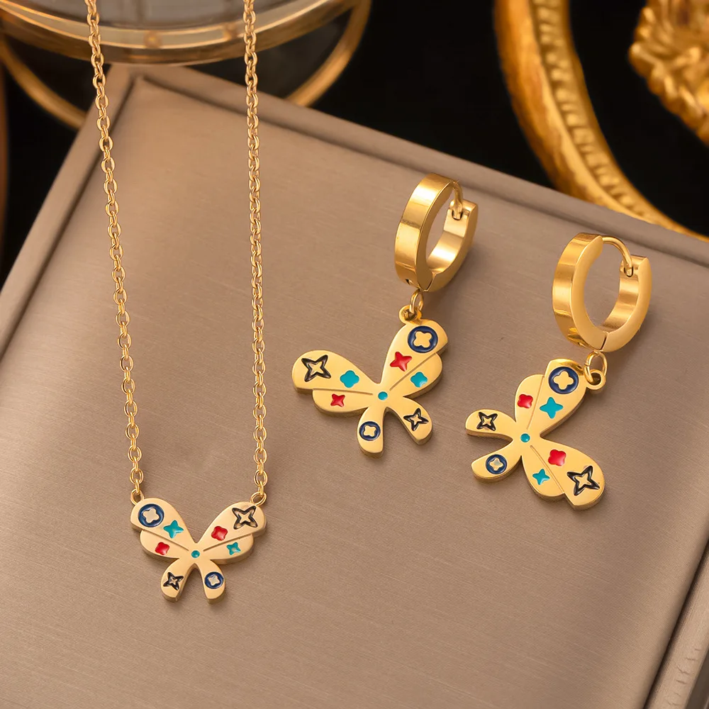 

2023 New Women Jewelry Set Glamour 316L Stainless Steel Colorful Butterfly Necklace Earrings Set Jewelry