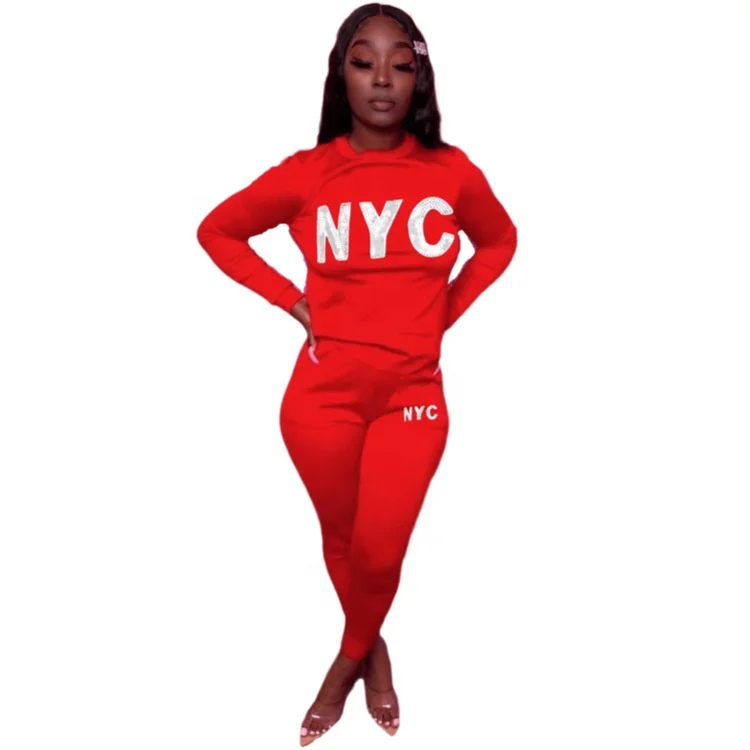 

2021NEW design Sexy Skinny Slim Fits Solid Color Sequin Letter Top Pants Two Piece Set Sportsuit Casual Sportswear for Women