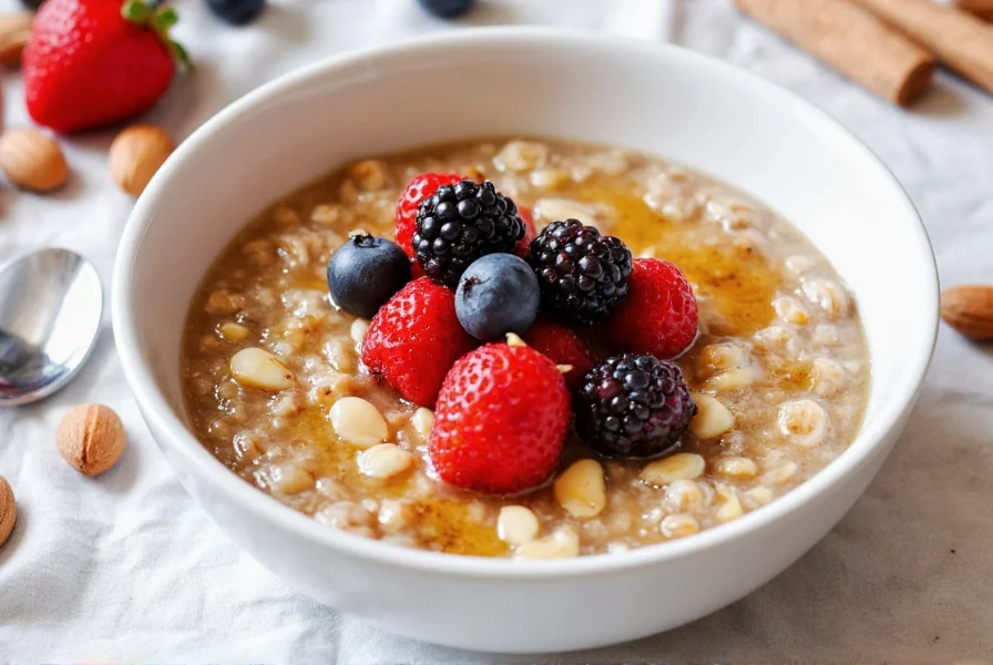 Almond and cinnamon infused oatmeal bowl with fresh berries and honey drizzle