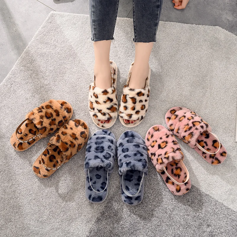 

2021 Autumn And Winter Women's Plush Slippers New Flat-Bottom Non-Slip Warm Elastic Fashion Leopard Open Slippers Woman Faux Fur, Picture