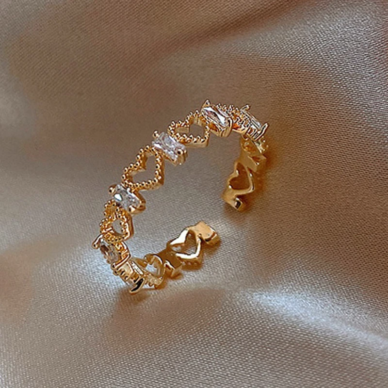 

2021 Korean Sweet Heart Crystal Zircon Diamond Adjustable Ring Jewelry Women Wedding Rings, Gold