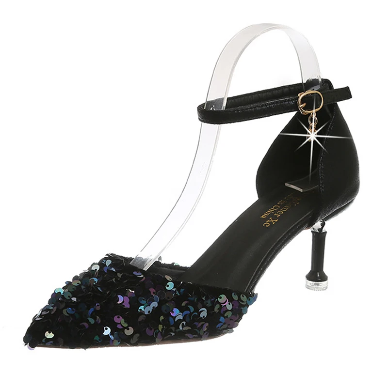 

A word buckle pointed women's hollow stiletto heel sequin sandals