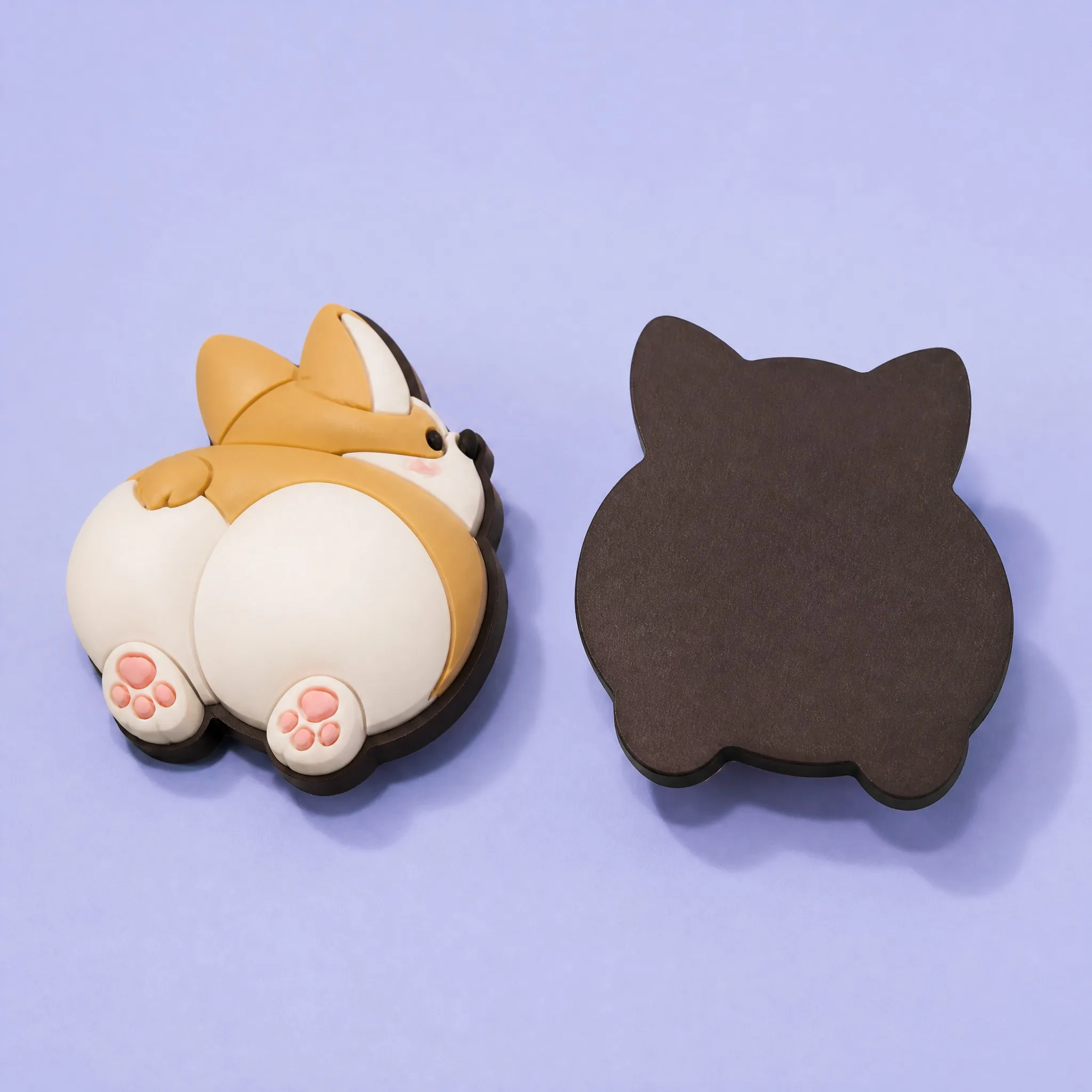 Side-by-Side Front and Back View of 3D Corgi Magnet with Full Rubber Magnet Backing
