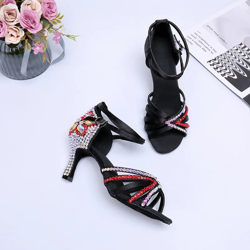 Satin Upper  Rhinestone Ppper Heel 7.5cm Ballroom Shoes Ladies Latin Dance Shoes 
