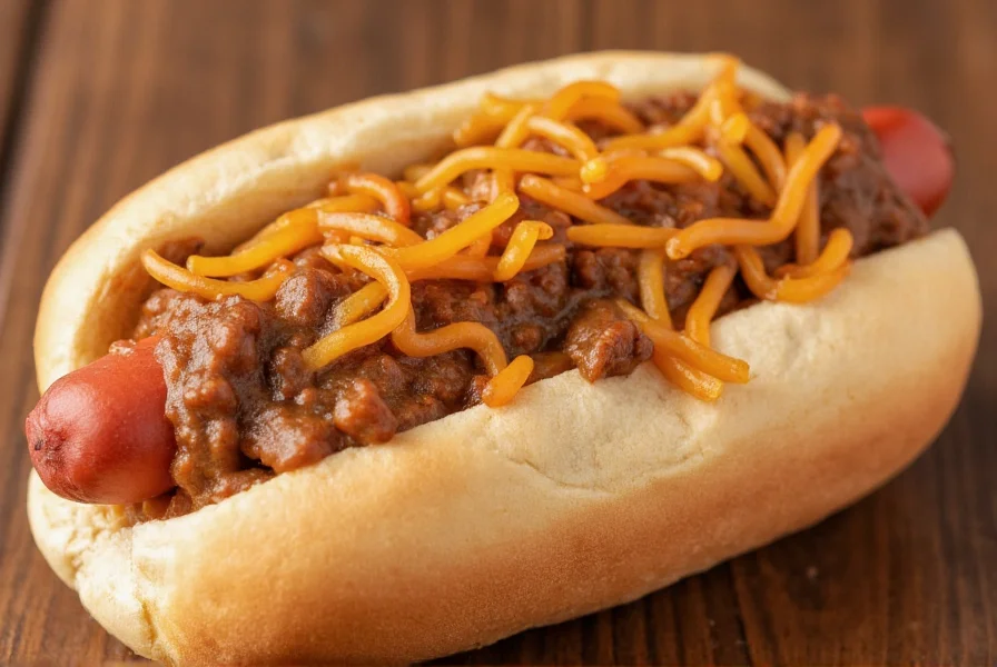 Close-up of a traditional Detroit-style coney dog with steamed bun, all-beef hot dog, and signature meat sauce