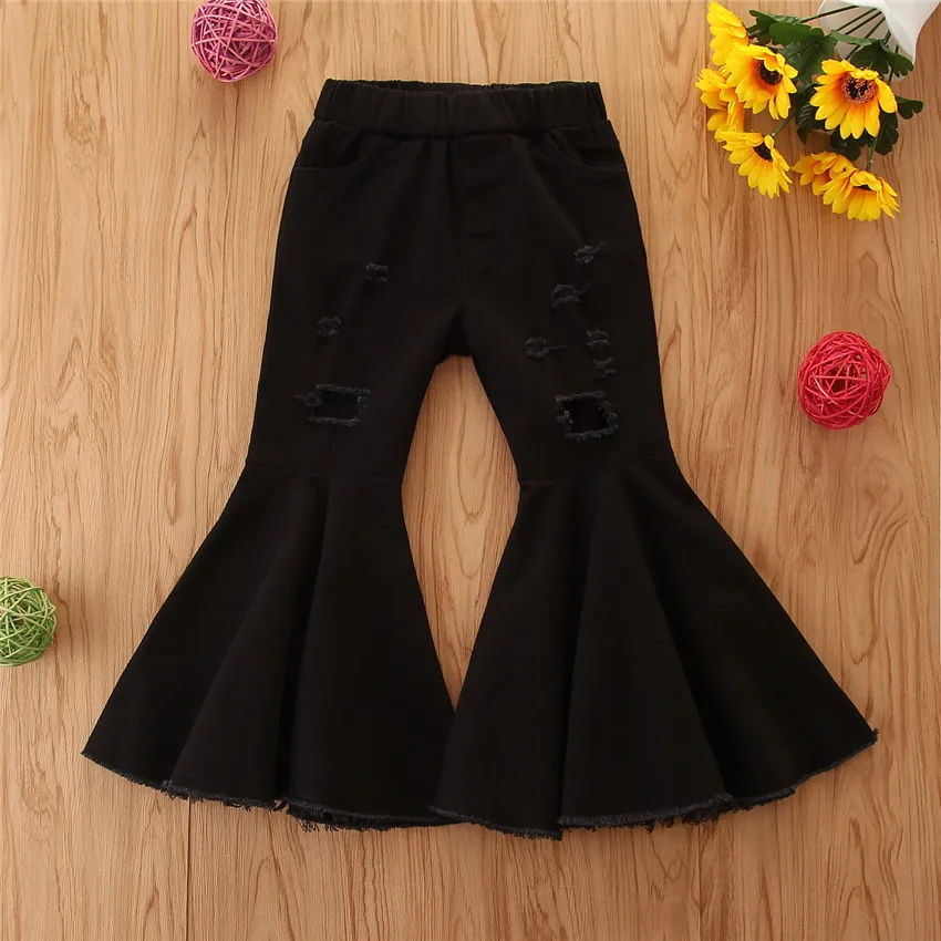 

2020 Kids Girl Black Flare Pants Toddler Kids Baby Solid Holes Ripped Boot Cute Flare Long Pants Denim Bell-bottomed Trousers, As picture