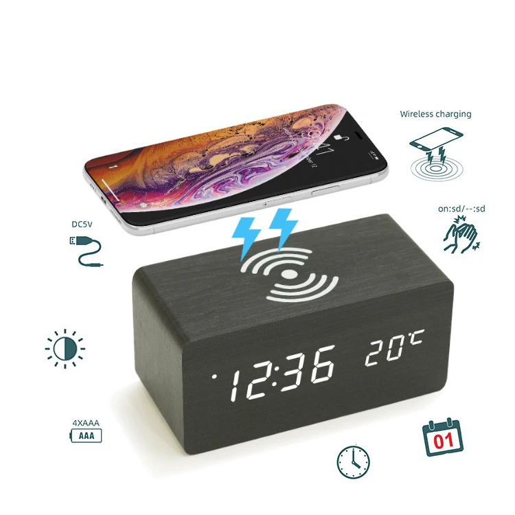 

2021 Multi-Function Digital Alarm Clock Voice Control Mobile Phone Wireless Charging Wooden Clock Smallest