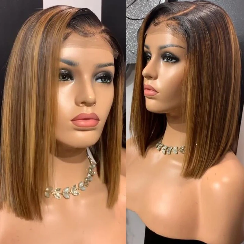 

Highlight Wig Ombre Brown Honey Blonde Short Bob HD Lace Front Wig Colored Human Hair Wigs