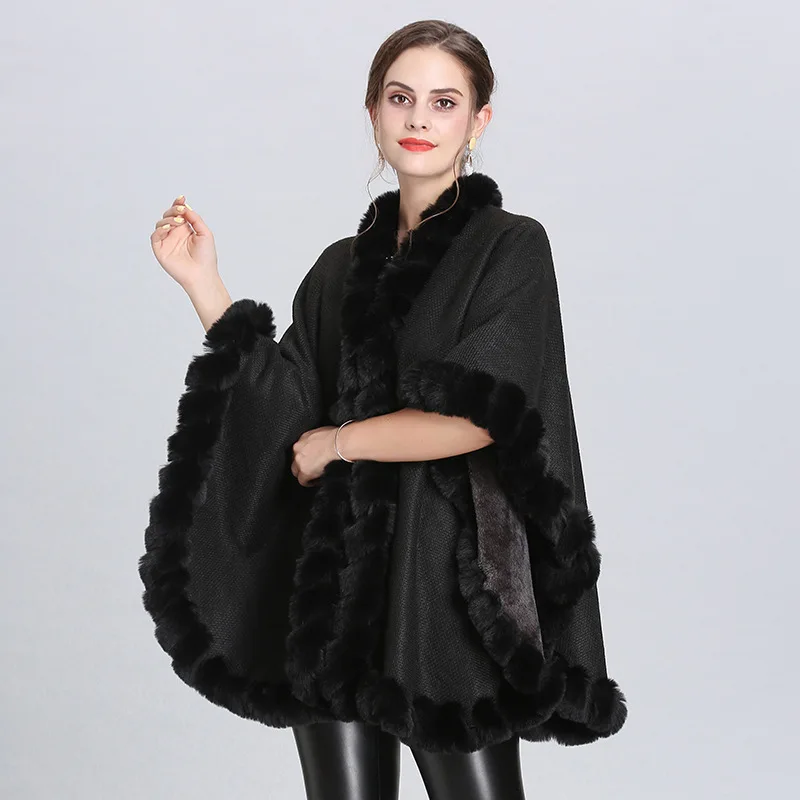 

Autumn/Winter faux fox fur collar knitted thicken coat Poncho for women