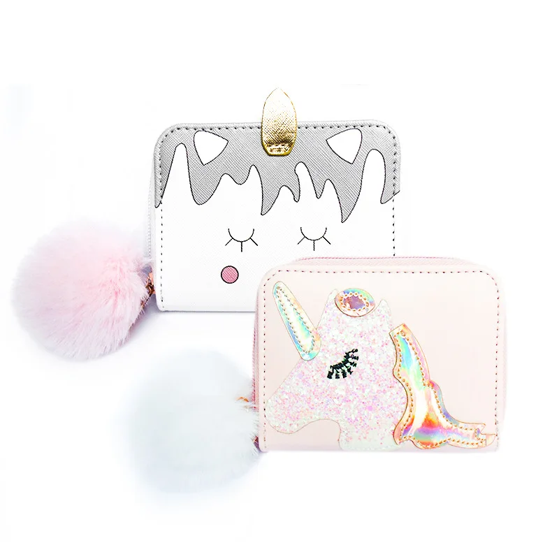

Seaygift wholesale factory mini cute unicorn kids glitter coin purse glitter PU leather credit card wallet bag girls money bag, Pink