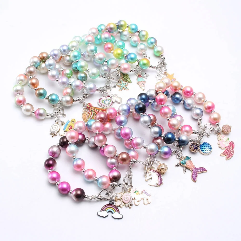 

Beautiful color Pearls Beads Bracelet Gradient pearl with Starfish Mermaid Heart charms pendant bracelet for Children Kids Gift, Picture