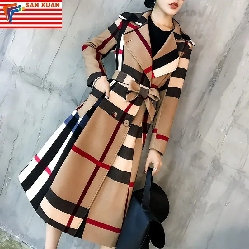 

In Stock Amazon Europe and American Style Hot Sale High Quality New Color Matching Autumn Fashion Long Elegant Women Coat, Red/khaki