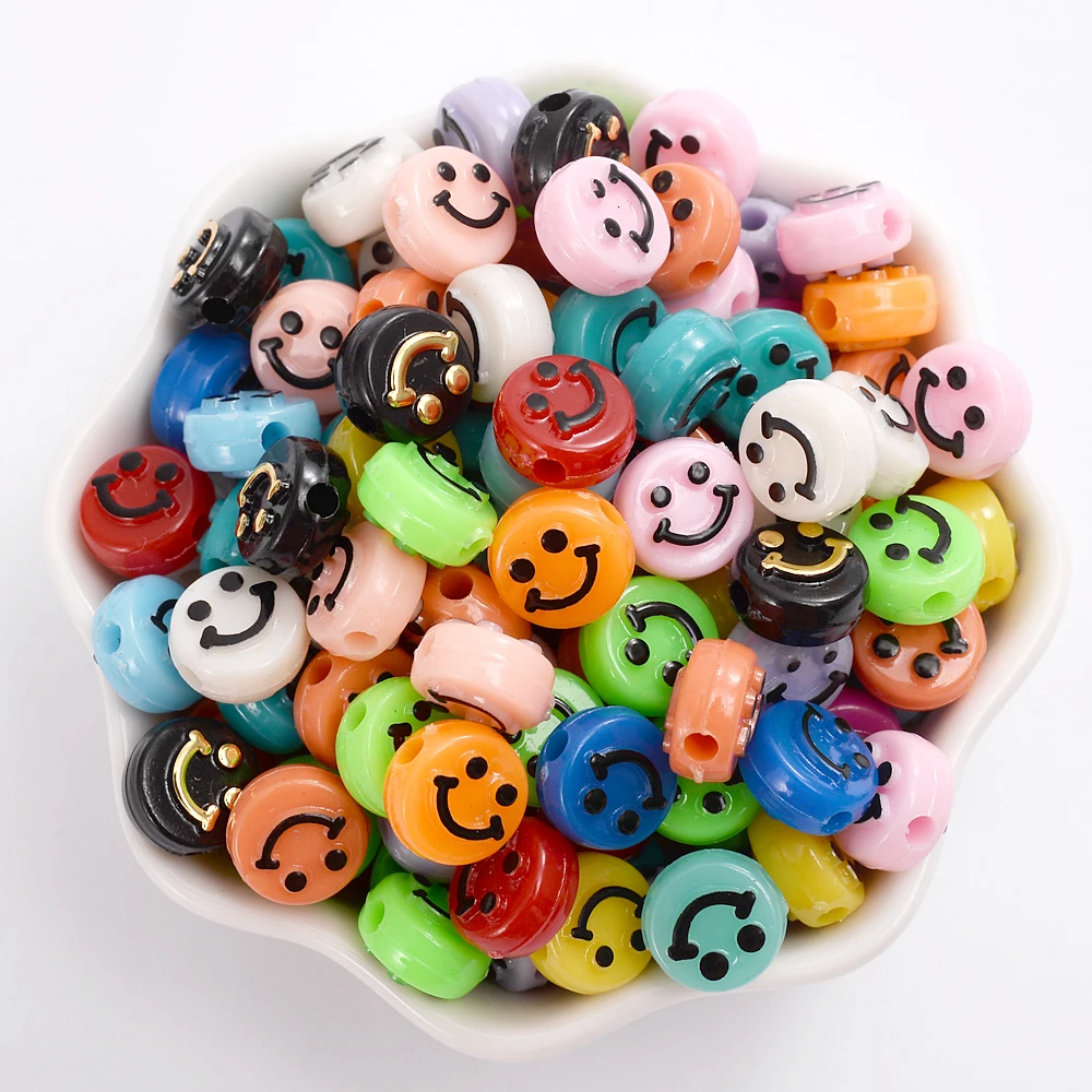 

10mm Colourful Smiley Beads 100pcs/bag Acrylic Round Loose Spacer Beads For Jewelry Making DIY Handmade Bracelet Accessories