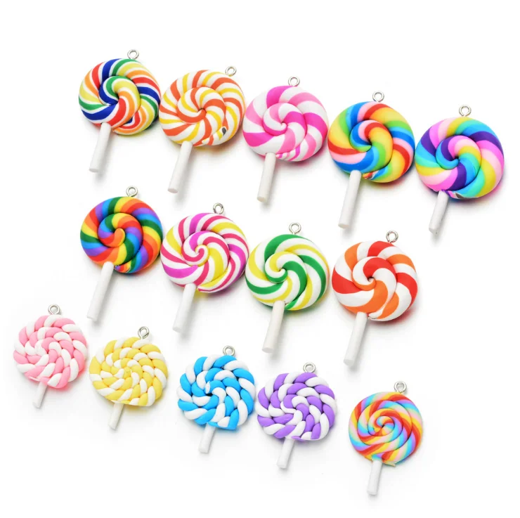 

10pcs/pack Wholesale Soft Pottery Handmade Colorful Lollipop Pendants Cute Candy Pendants for jewelry making, As picture