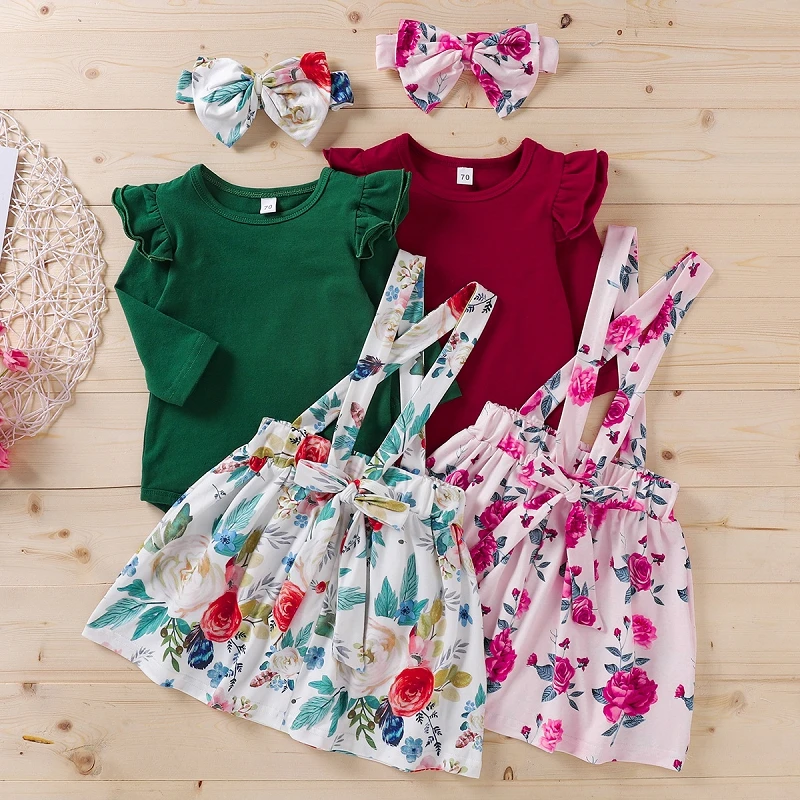 

Baby Clothing Cotton Long Sleeve Romper + Floral Suspenders Skirt + Bows 3pcs Cute Little Girls Boutique Kids Clothes M446