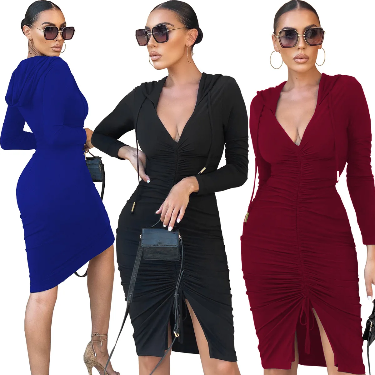 

2021 Fall Sexy Plain Color Shein Plus Size Long Sleeve With Hat Deep V Bodycon Prom Slit Club Bandage Elegant Midi Dress, Picture