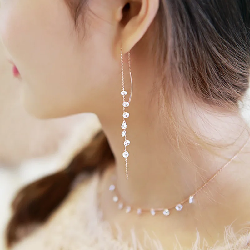 

Korean Style 925 sterling silver earing women jewelry long tassel zircon stud earrings gold plated