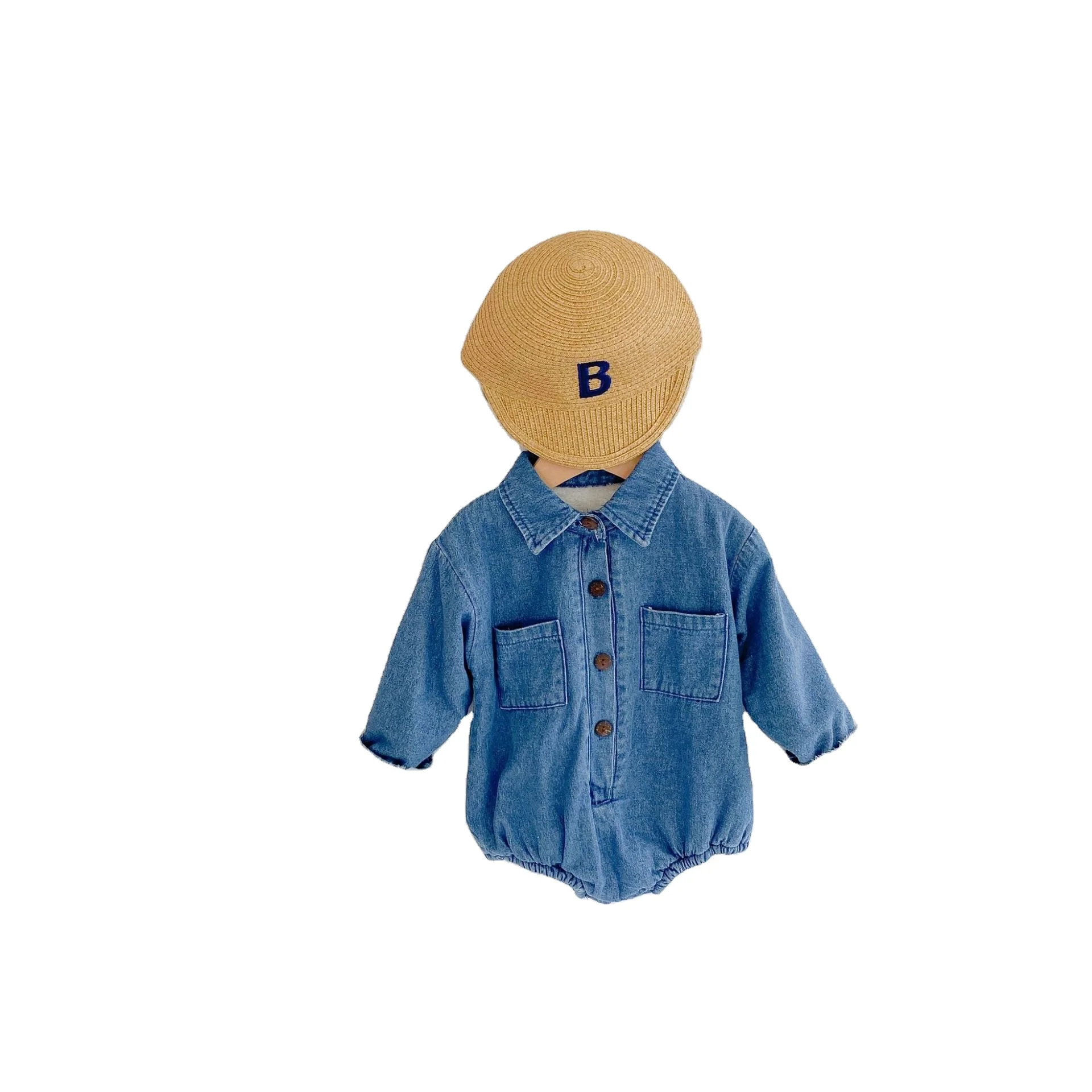 

2020 Winter Baby Warm Clothes Kids Casual Long Sleeve Bodysuits Jumpsuits Denim Plush Single-breasted One-piece Bodysuit, As pic shows, we can according to your request also