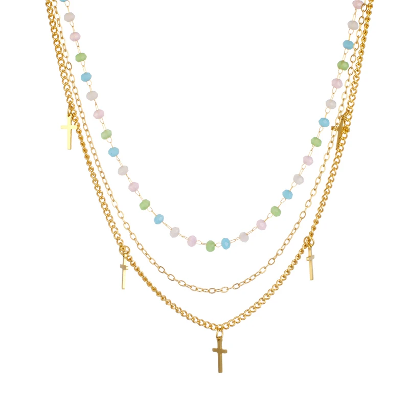 

Three-Layer Stacked Necklace For Women Simple Cross Beaded Necklace Stainless Steel Gold-Plated O Chain