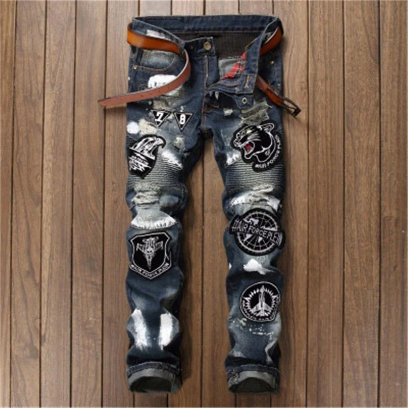 

JH Hot Sale men's Street Style Jeans Blue Hole Hip Hop jeans Straight personality men's foreign trade tight pencil pants, Customized color