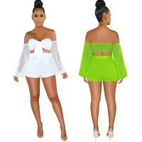 

women personality sheer off shoulder crop top and shorts two piece set WA8810