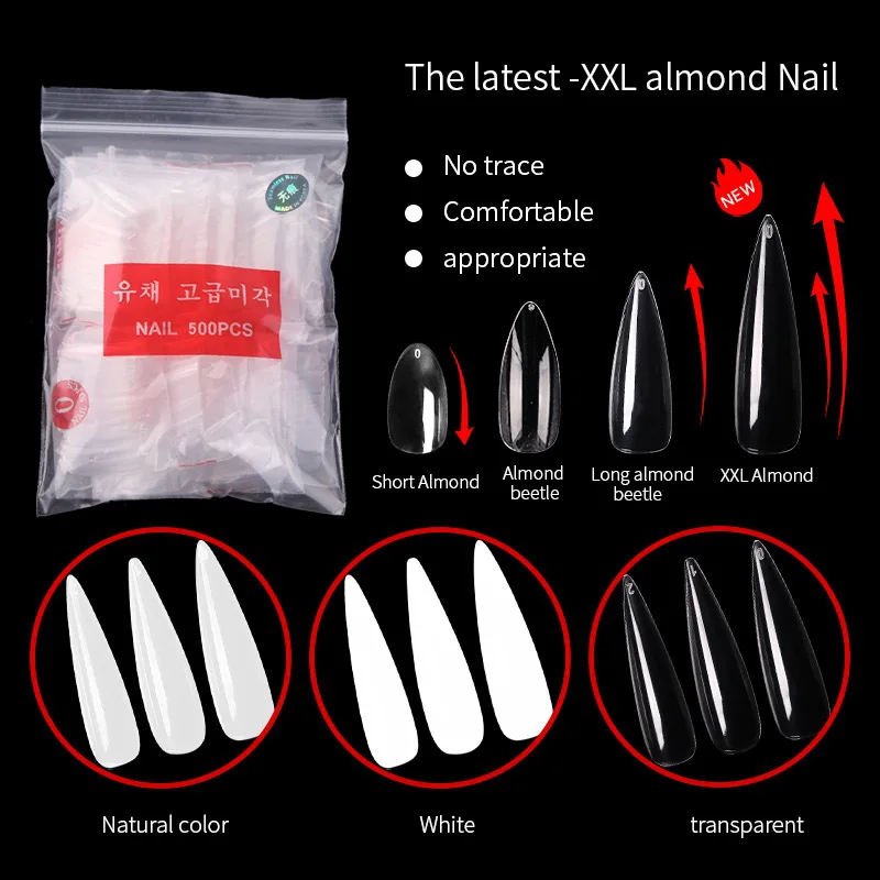 

Wholesale 500pcs1 bag of long almond artificial false pointed nails with acrylic full coverage nail tips, Transparent and natural
