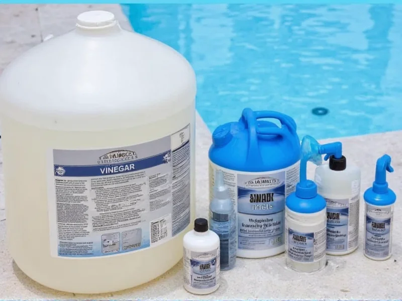 Vinegar bottle next to stock tank pool maintenance supplies
