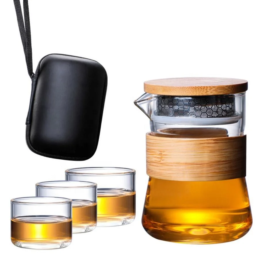 

Hot Sales High Borosilicate Portable Gift Travel Office 250ml Glass Tea Pot Set with Case, Transparent