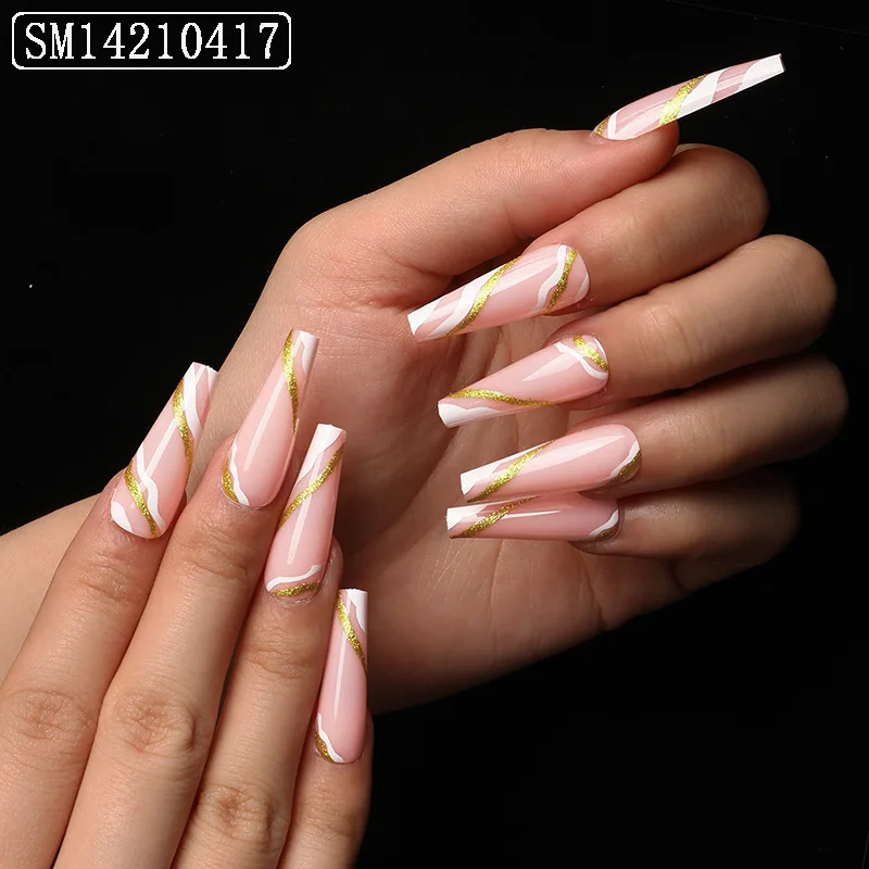 

24pcs press on nail pink false nail gold wave print long ballet nail detachable artificial fingernail