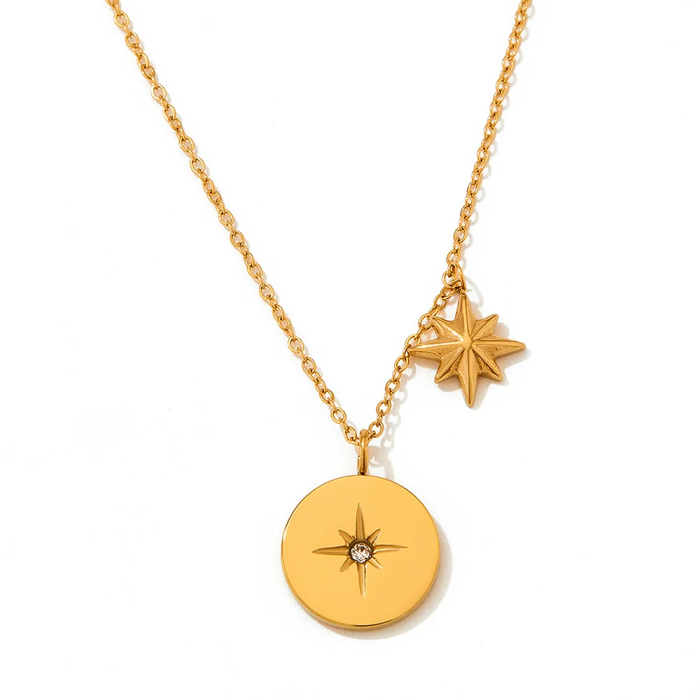 Ins Fashion Popular Necklace 18k Gold Plated Stainless Steel Round Plate Octagonal Star Zirconium Pendant Female Necklace