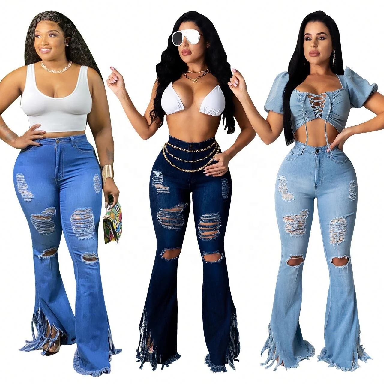 

VOOGUE Ladies Ripped Flared Fringed Jeans Slim Ladies Bell Bottom Pants, Lake blue