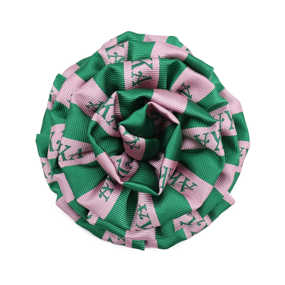 

Hot Selling Green Pink Striped Custom logo Corsage Cheap Polyester Lapel Pins Women Sorority Pins Brooch